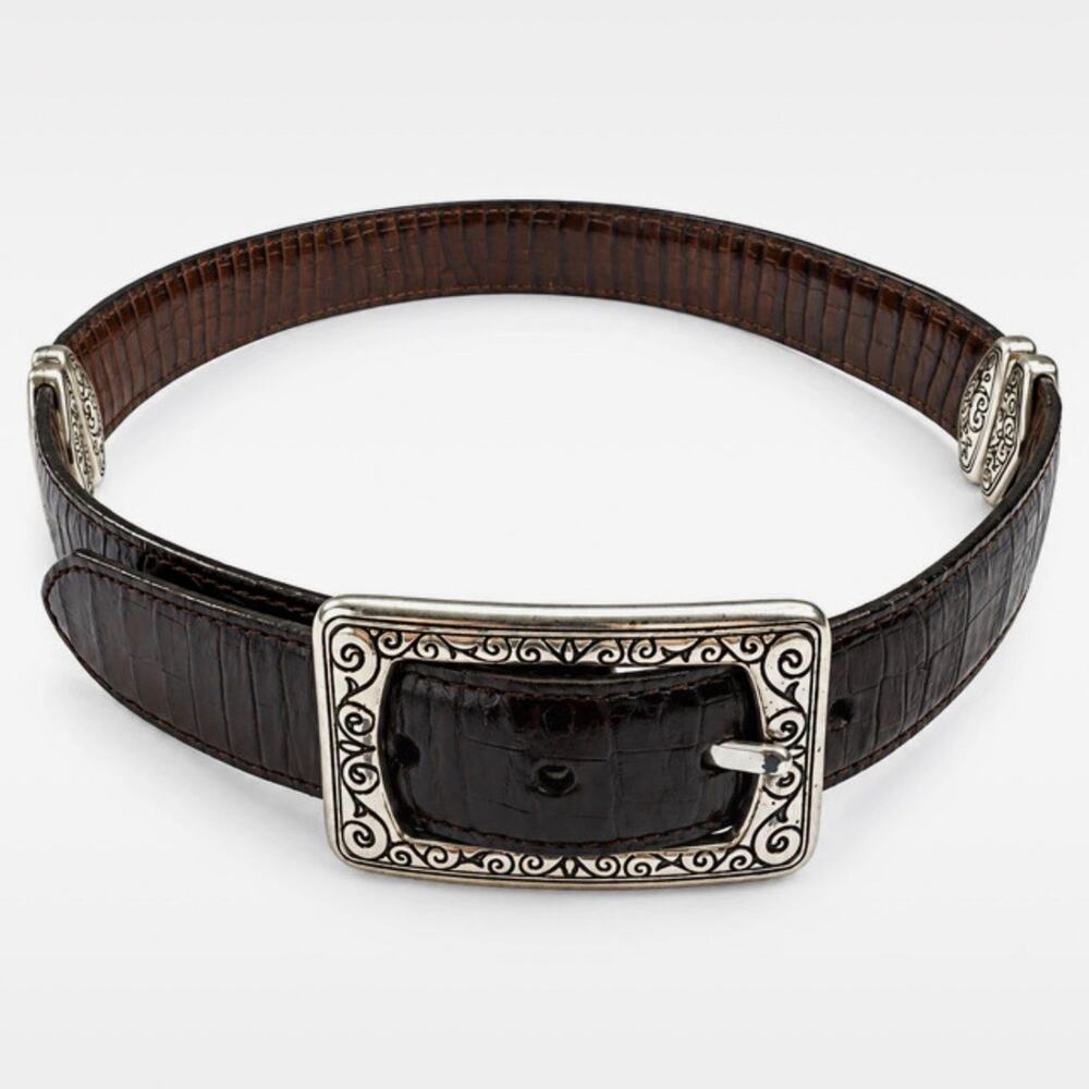Brighton Brown Black Leather Moc Croc Silver Tone Reversible Belt 40430 size M